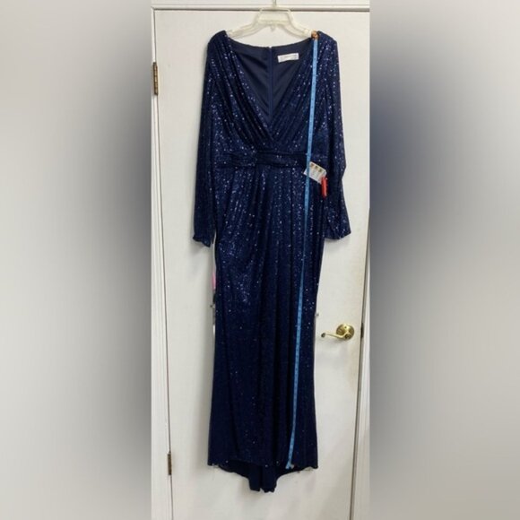 Mac Duggal 26490 Size 14 Midnight Blue Sequined Long Sleeve V-Neck Gown NWT - Picture 9 of 16